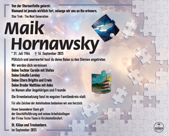 Traueranzeige von Maik Hornawsky von Südthüringer Presse