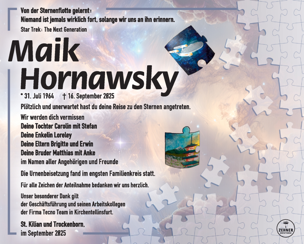  Traueranzeige für Maik Hornawsky vom 11.10.2025 aus Südthüringer Presse