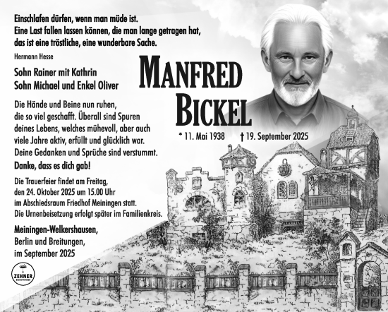 Traueranzeige von Manfred Bickel von Südthüringer Presse