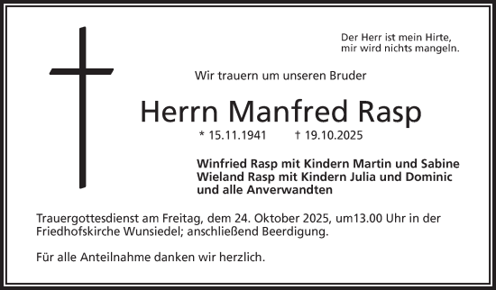 Traueranzeige von Manfred Rasp von Frankenpost