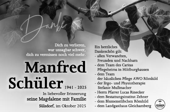Traueranzeige von Manfred Schüler von Südthüringer Presse