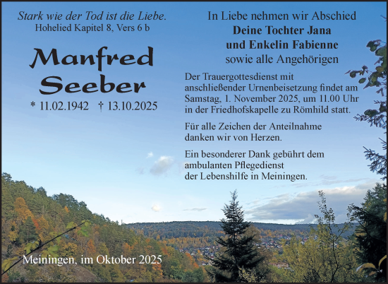 Traueranzeige von Manfred Seeber von Südthüringer Presse