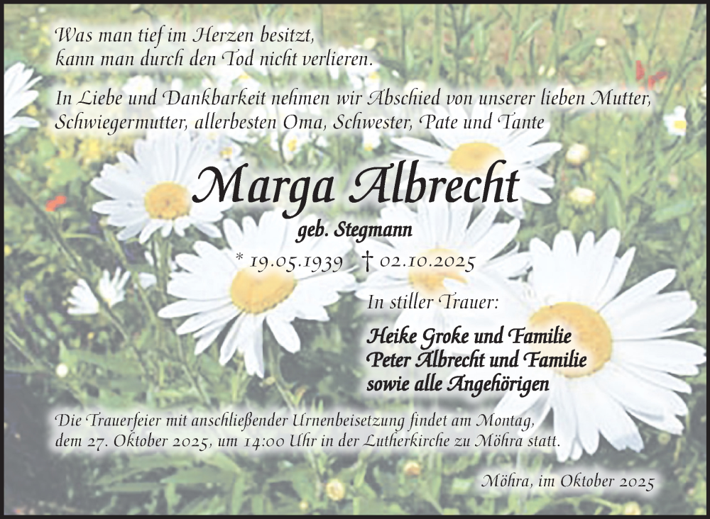  Traueranzeige für Marga Albrecht vom 21.10.2025 aus Südthüringer Presse