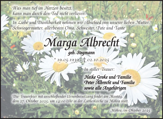Traueranzeige von Marga Albrecht von Südthüringer Presse