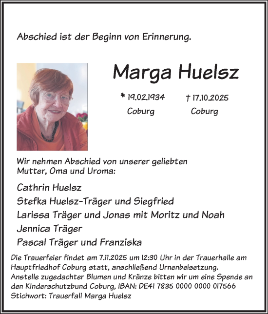 Traueranzeige von Marga Huelsz von Neue Presse Coburg