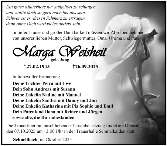 Traueranzeige von Marga Weisheit von Südthüringer Presse