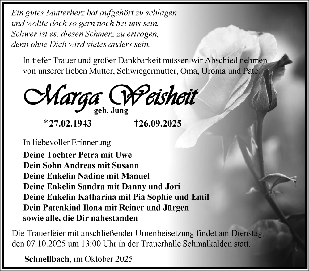  Traueranzeige für Marga Weisheit vom 04.10.2025 aus Südthüringer Presse