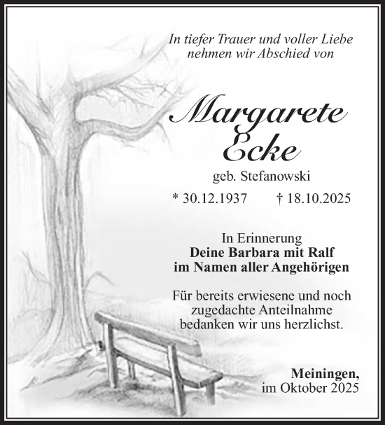 Traueranzeige von Margarete Ecke von Südthüringer Presse