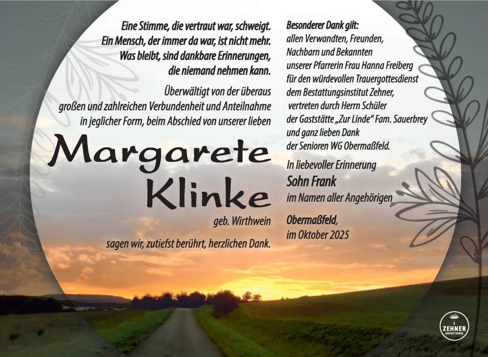  Traueranzeige für Margarete Klinke vom 18.10.2025 aus Südthüringer Presse