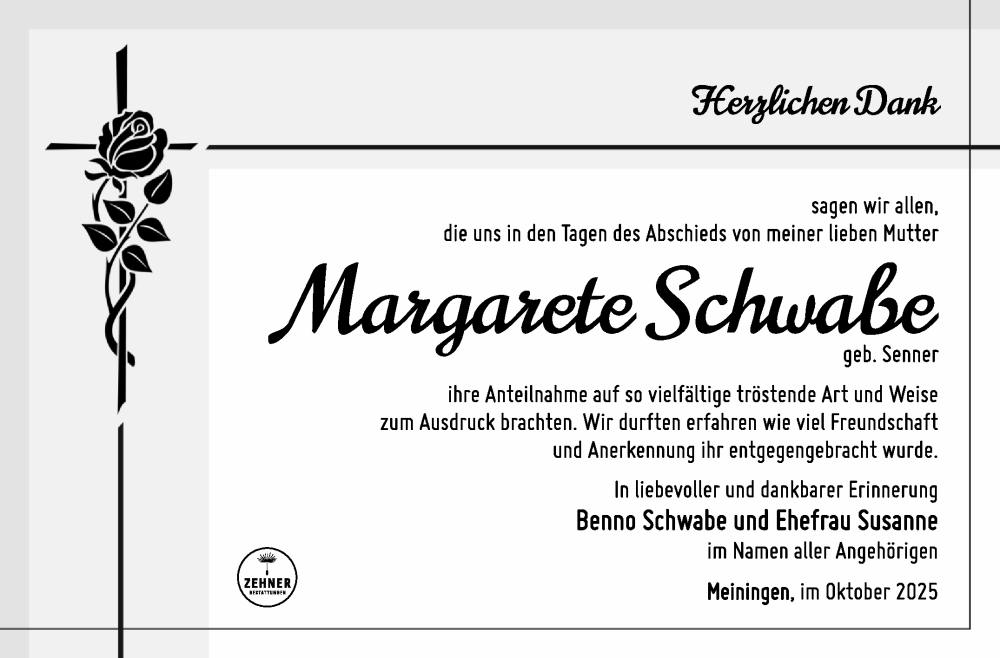  Traueranzeige für Margarete Schwabe vom 11.10.2025 aus Südthüringer Presse