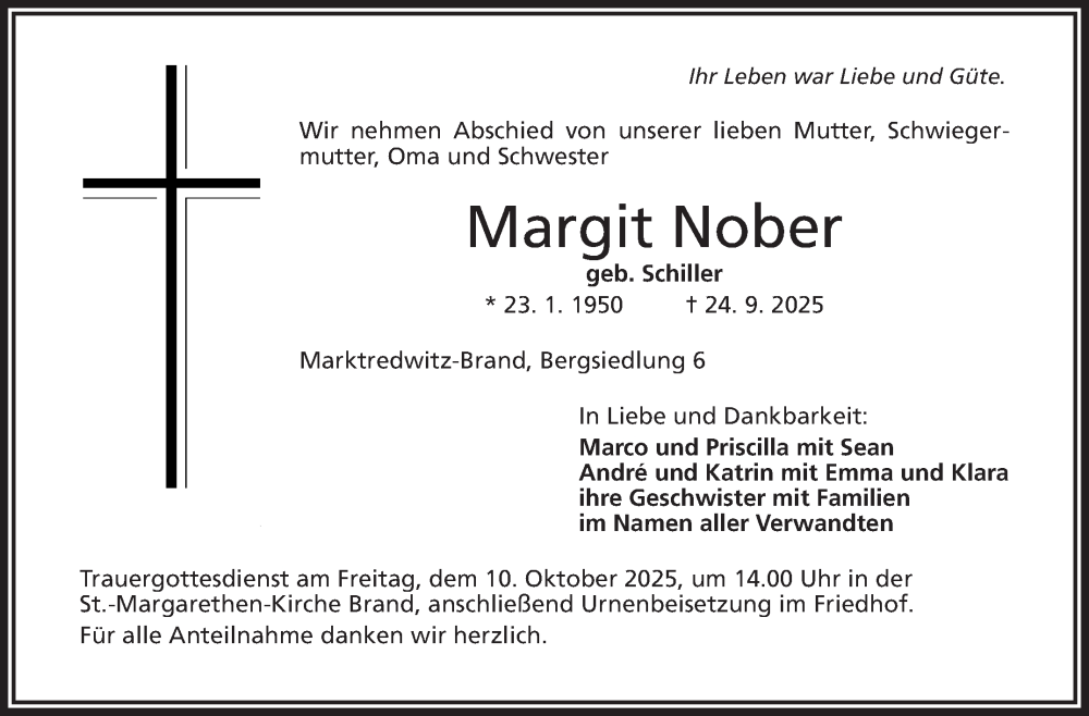  Traueranzeige für Margit Nober vom 04.10.2025 aus Frankenpost