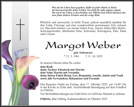 Traueranzeige von Margot Weber von Südthüringer Presse