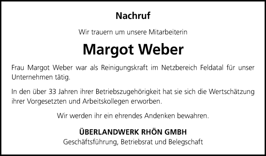 Traueranzeige von Margot Weber von Südthüringer Presse