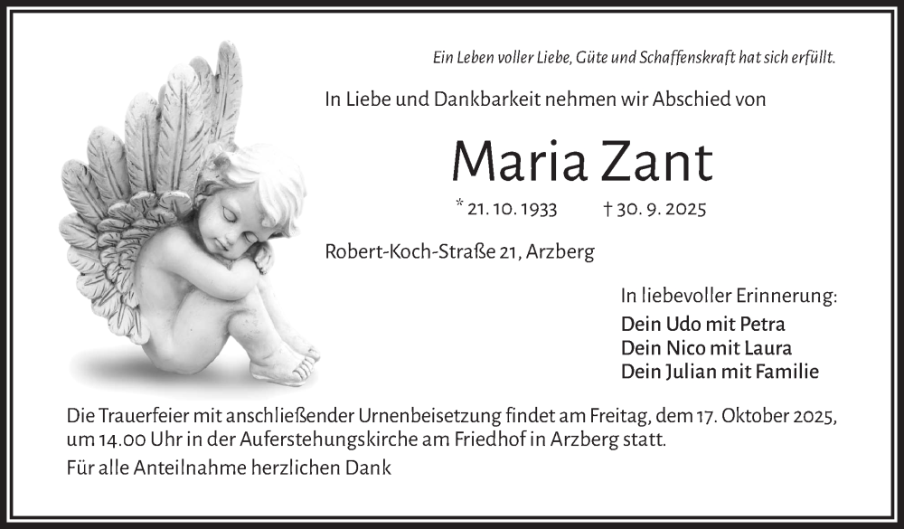  Traueranzeige für Maria Zant vom 14.10.2025 aus Frankenpost