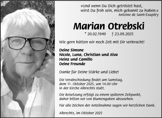 Traueranzeige von Marian Otrebski von Südthüringer Presse