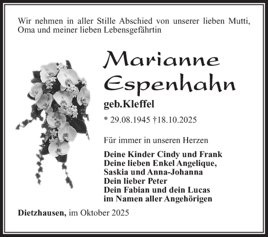 Traueranzeige von Marianne Espenhahn von Südthüringer Presse