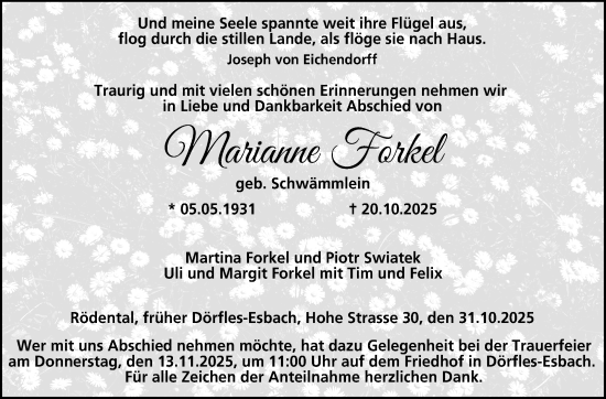 Traueranzeige von Marianne Forkel von Neue Presse Coburg