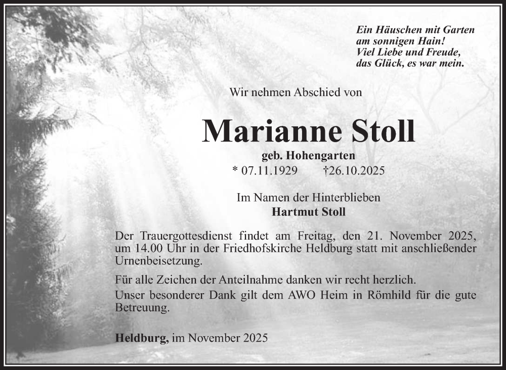  Traueranzeige für Marianne Stoll vom 01.11.2025 aus Südthüringer Presse
