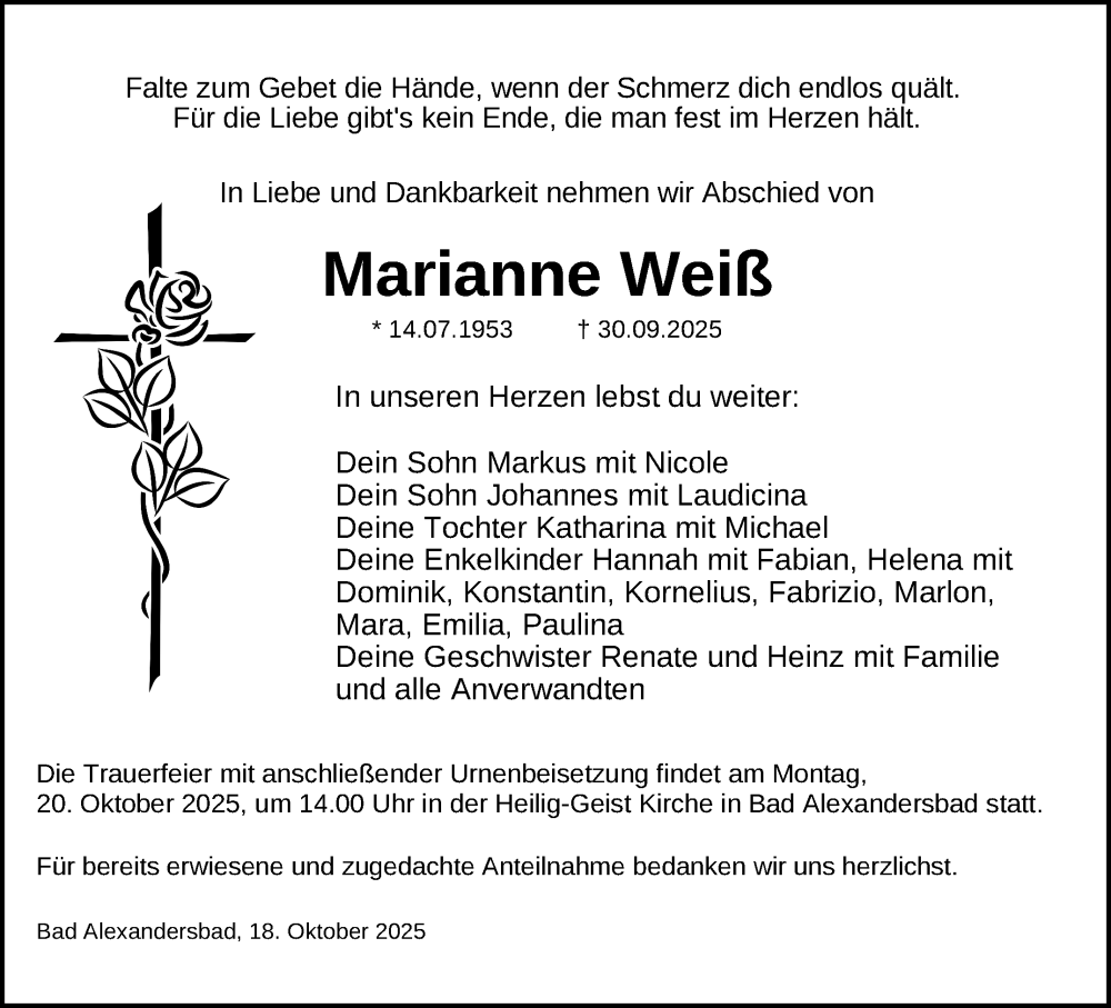  Traueranzeige für Marianne Weiß vom 18.10.2025 aus Frankenpost