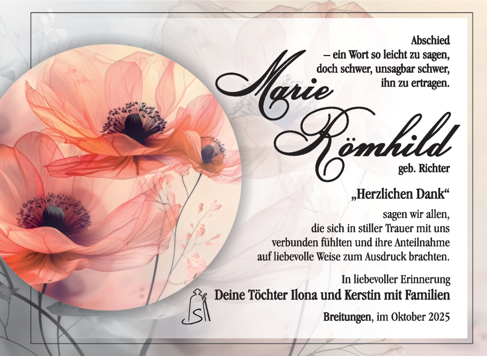  Traueranzeige für Marie Römhild vom 10.10.2025 aus Südthüringer Presse