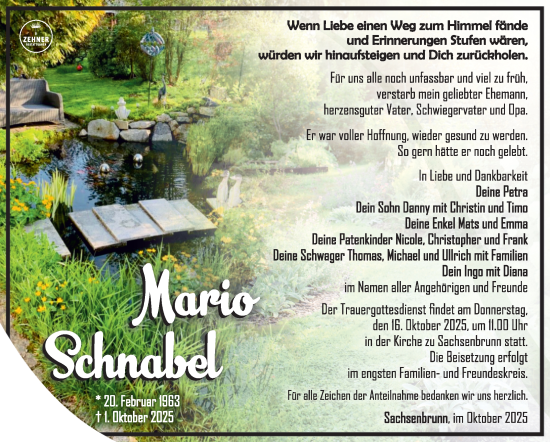 Traueranzeige von Mario Schnabel von Südthüringer Presse