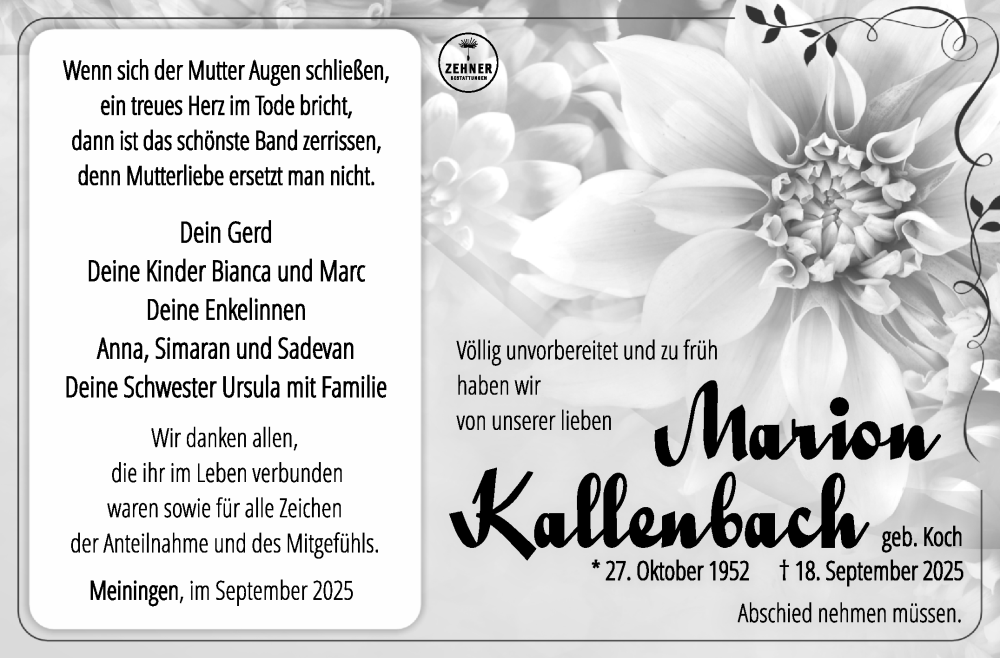  Traueranzeige für Marion Kallenbach vom 04.10.2025 aus Südthüringer Presse