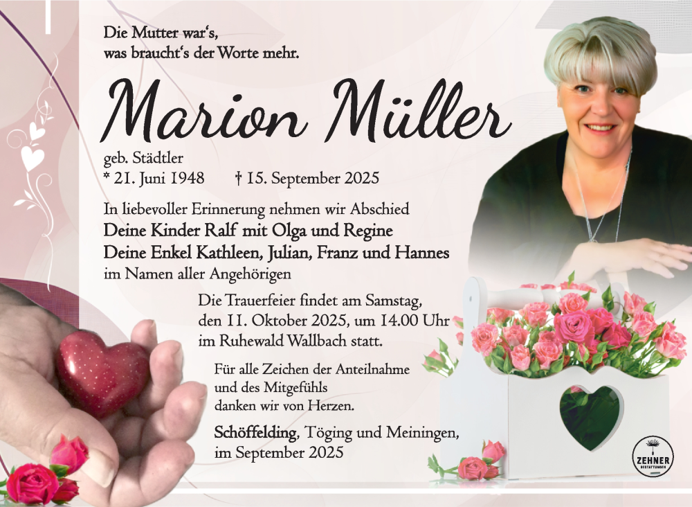  Traueranzeige für Marion Müller vom 04.10.2025 aus Südthüringer Presse