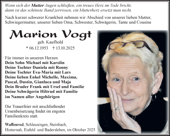 Traueranzeige von Marion Vogt von Südthüringer Presse