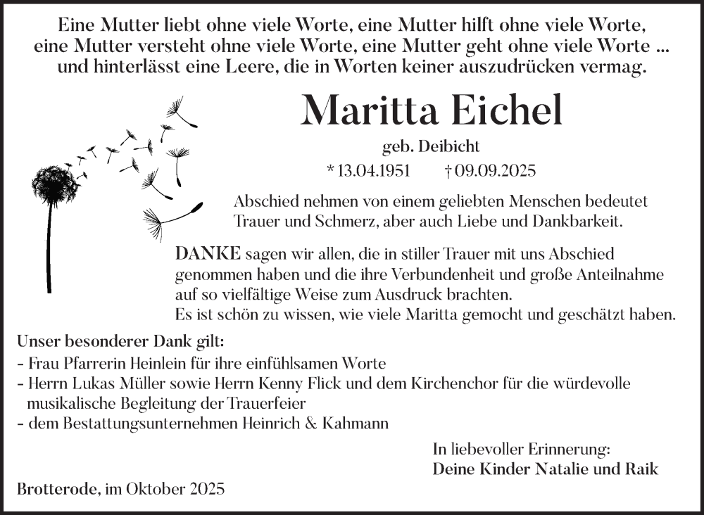  Traueranzeige für Maritta Eichel vom 18.10.2025 aus Südthüringer Presse
