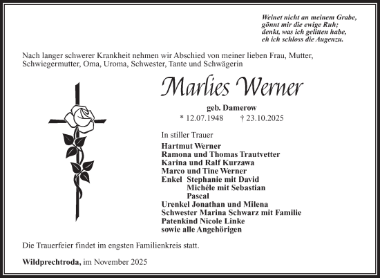 Traueranzeige von Marlies Werner von Südthüringer Presse