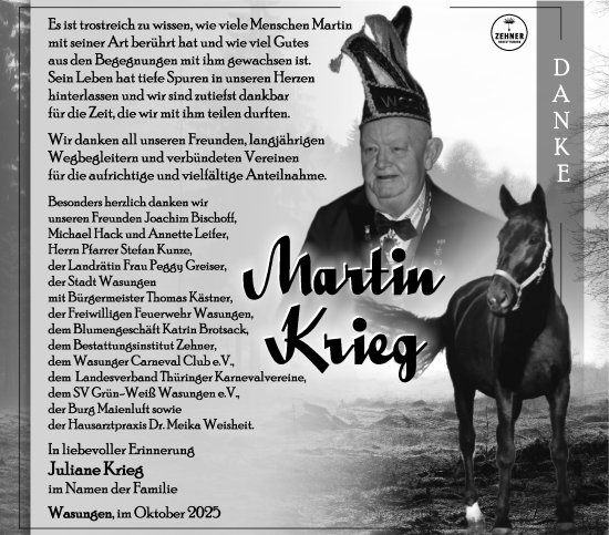 Traueranzeige von Martin Krieg von Südthüringer Presse