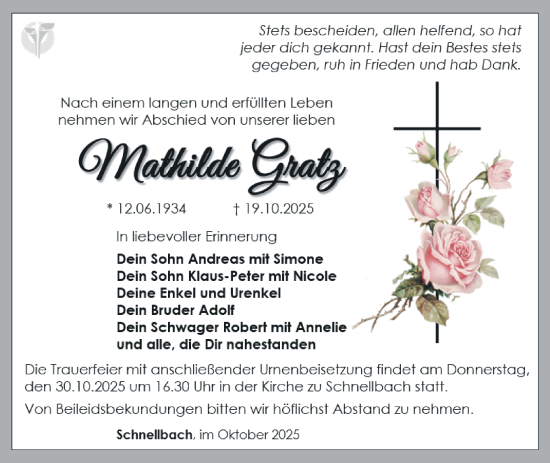 Traueranzeige von Mathilde Gratz von Südthüringer Presse