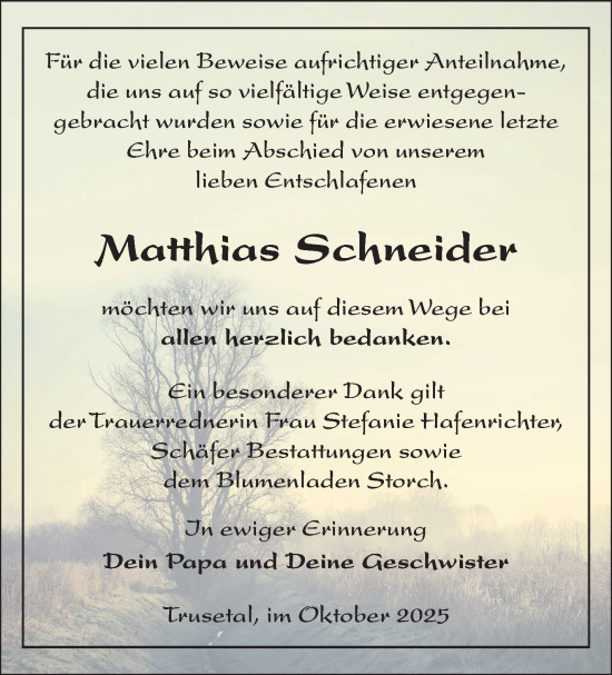 Traueranzeige von Matthias Schneider von Südthüringer Presse