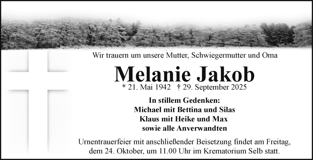  Traueranzeige für Melanie Jakob vom 18.10.2025 aus Frankenpost