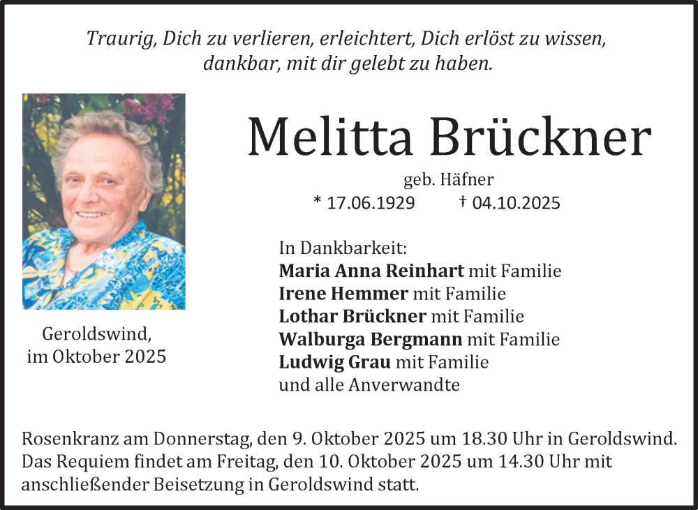 Traueranzeige für Melitta Brückner vom 08.10.2025 aus Neue Presse Coburg