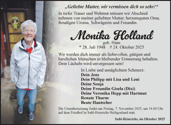 Traueranzeige von Monika Holland von Südthüringer Presse