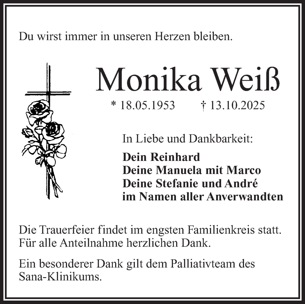  Traueranzeige für Monika Weiß vom 18.10.2025 aus Frankenpost