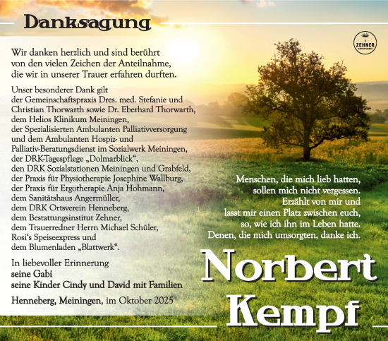 Traueranzeige von Norbert Kempf von Südthüringer Presse