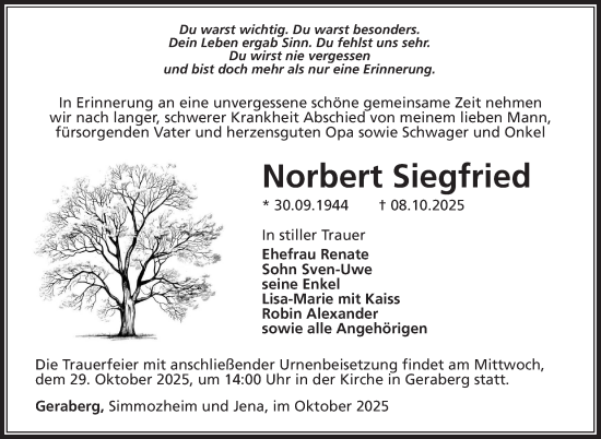 Traueranzeige von Norbert Siegfried von Südthüringer Presse