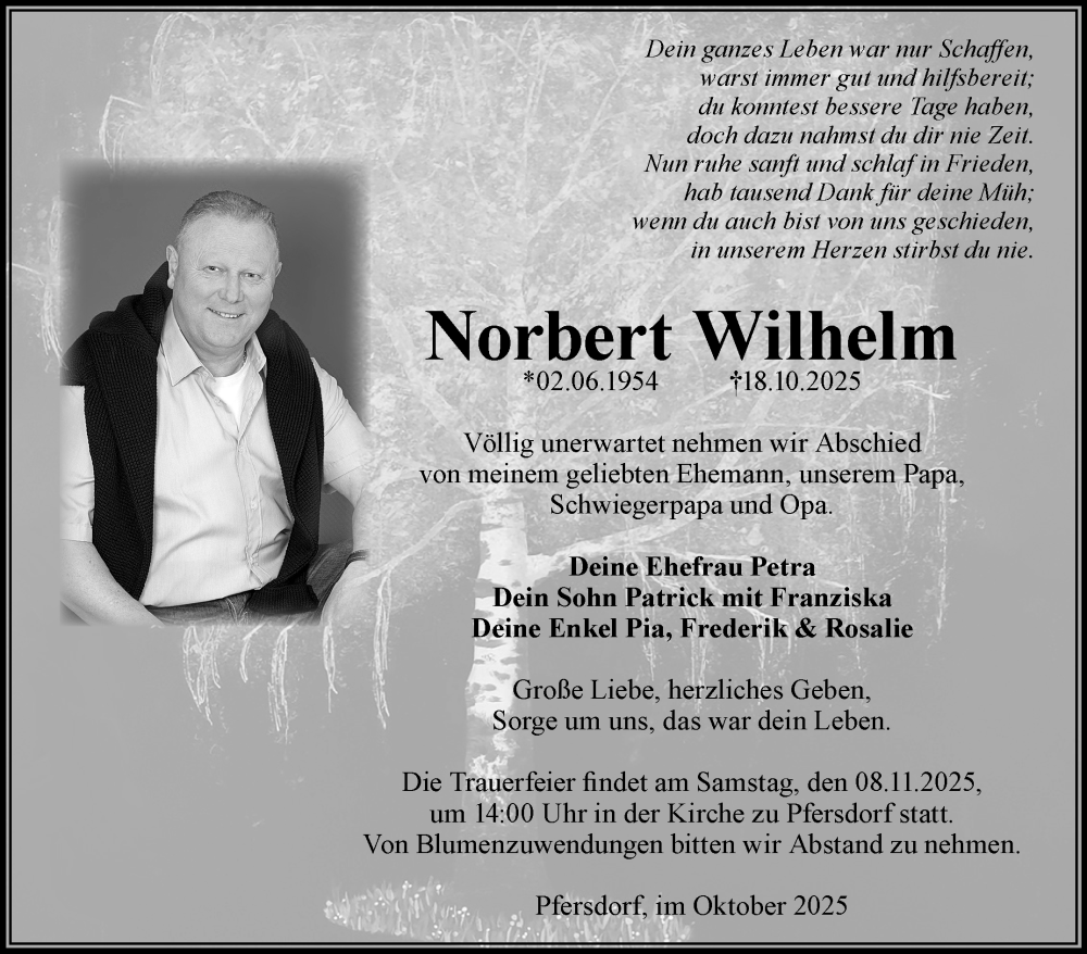  Traueranzeige für Norbert Wilhelm vom 01.11.2025 aus Südthüringer Presse