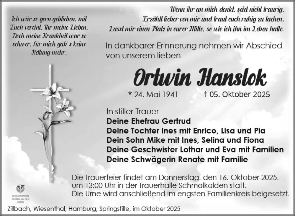  Traueranzeige für Ortwin Hanslok vom 11.10.2025 aus Südthüringer Presse