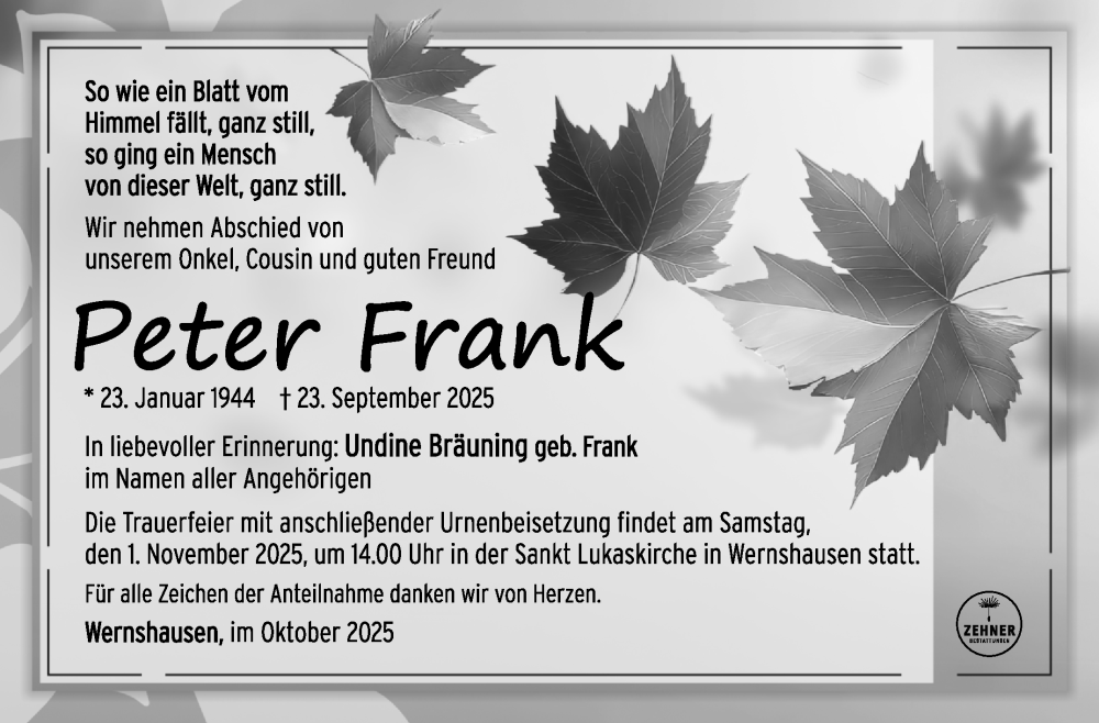  Traueranzeige für Peter Frank vom 25.10.2025 aus Südthüringer Presse