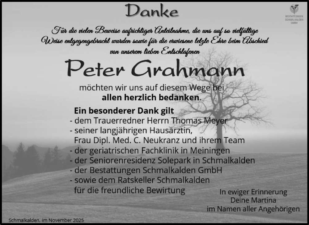  Traueranzeige für Peter Grahmann vom 01.11.2025 aus Südthüringer Presse