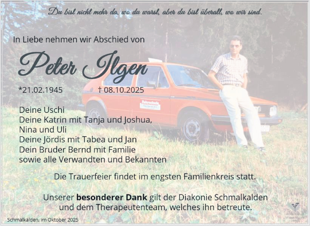  Traueranzeige für Peter Ilgen vom 23.10.2025 aus Südthüringer Presse