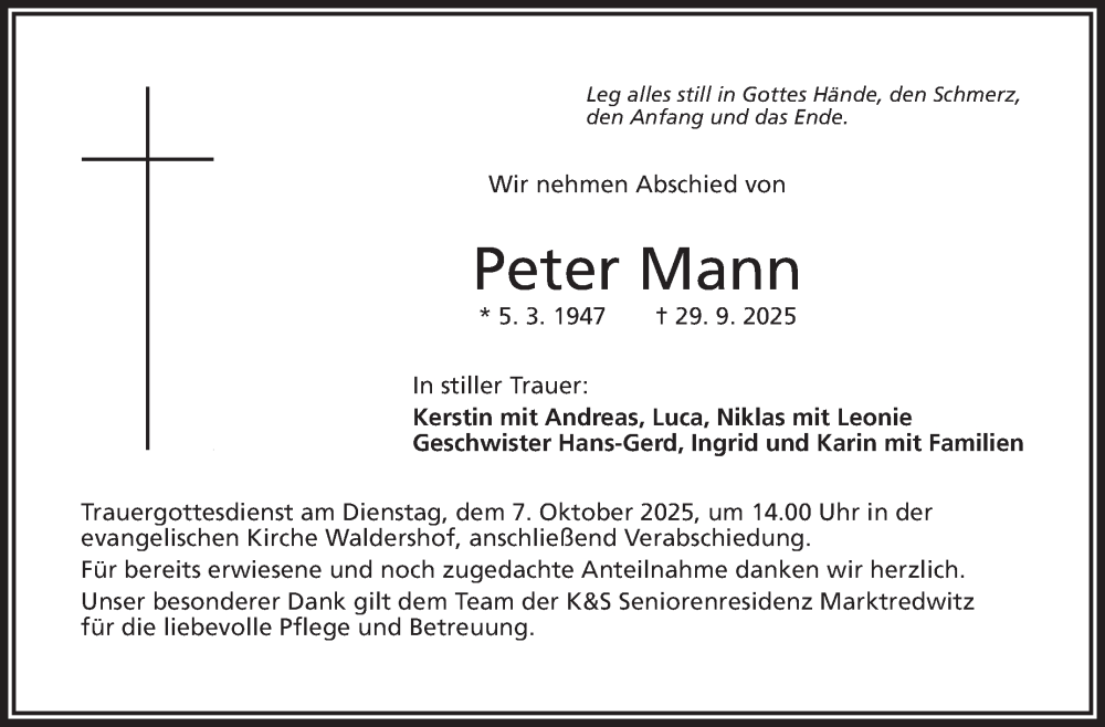  Traueranzeige für Peter Mann vom 04.10.2025 aus Frankenpost