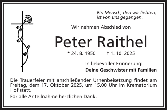 Traueranzeige von Peter Raithel von Frankenpost
