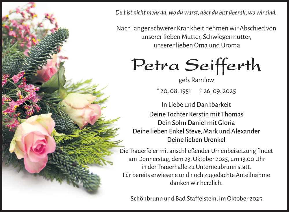  Traueranzeige für Petra Seifferth vom 11.10.2025 aus Südthüringer Presse