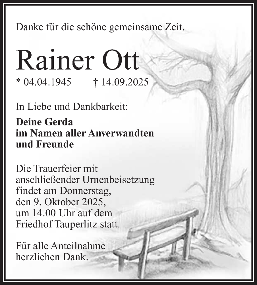  Traueranzeige für Rainer Ott vom 04.10.2025 aus Frankenpost