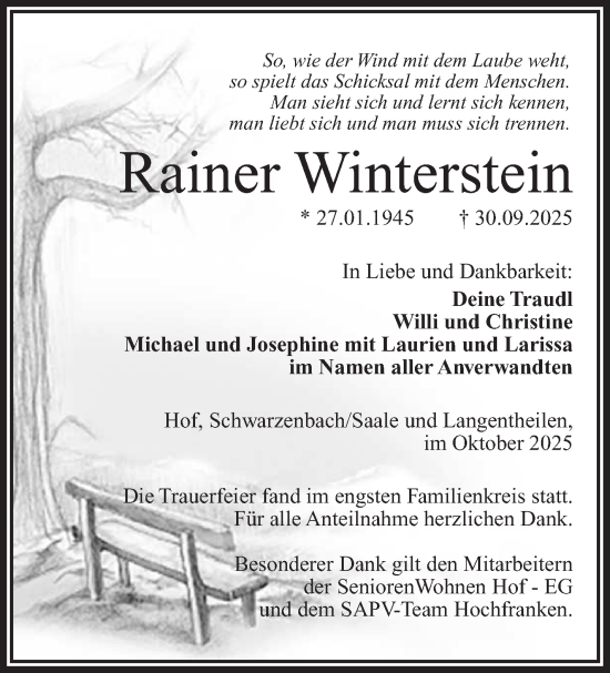 Traueranzeige von Rainer Winterstein von Frankenpost