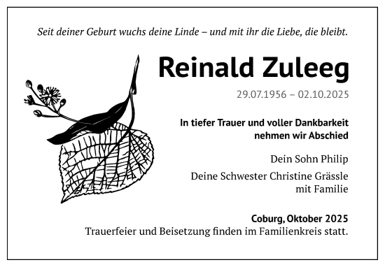 Traueranzeige von Reinald Zuleeg von Neue Presse Coburg